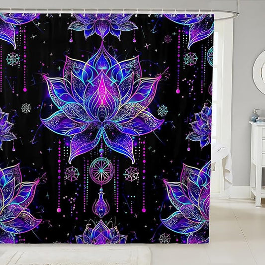 Erosebridal Lotus Shower Curtain Mandala Bath Curtain,Boho Floral Shower Set Exotic Tribal Damask Flowers Nordic Watercolor Bohemian Decor,Teal Purple Bathroom Decor Aesthetic 72" Wx78 L