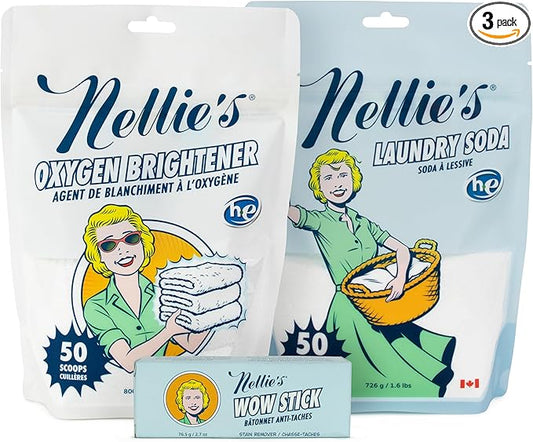Nellie’s Complete Laundry Bundle – Concentrated Laundry Soda (50 Loads), Oxygen Brightener (50 scoops) & WOW Stick Stain Remover