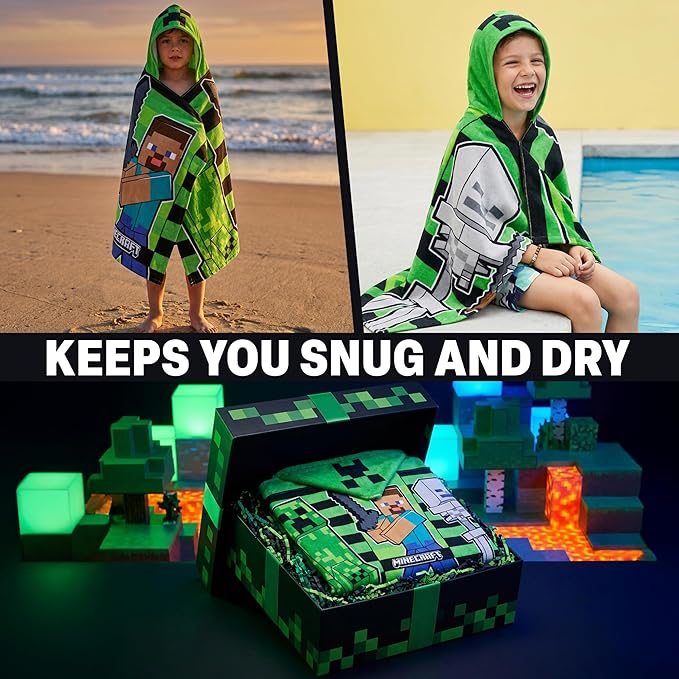 Minecraft Towelling Poncho Kids Teens Hooded Bath Towels Absorbent Beach Towel (Green/Black, 6-14 Years)