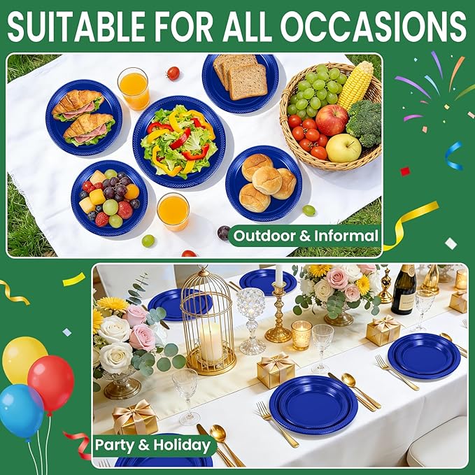 LANLISA 50 Pcs Royal Blue Plastic Plates For Party, 25-9" & 25-7" Disposable Cake Dessert Plates For Birthday, Graduation, Veterans Day Dinner