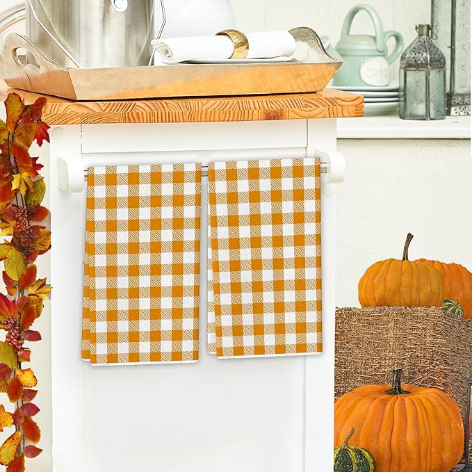 Fall Buffalo Plaid Kitchen Towels Farmhouse Gingham Dish Towel Pastel Orange Checkered Decor Happy Fall Decorations for Home Party