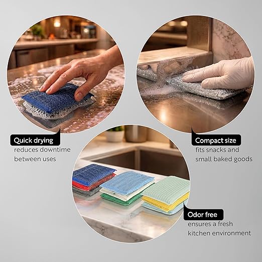 Restaurantware Scouring Pad 60 Count 5.5 x 3.9 Inches Plastic Steel Wool Sponge Metal Scrubber Durable Odor Free Scrubber Multi-Color Blue+Beige+Green Household Cleaning Sponge