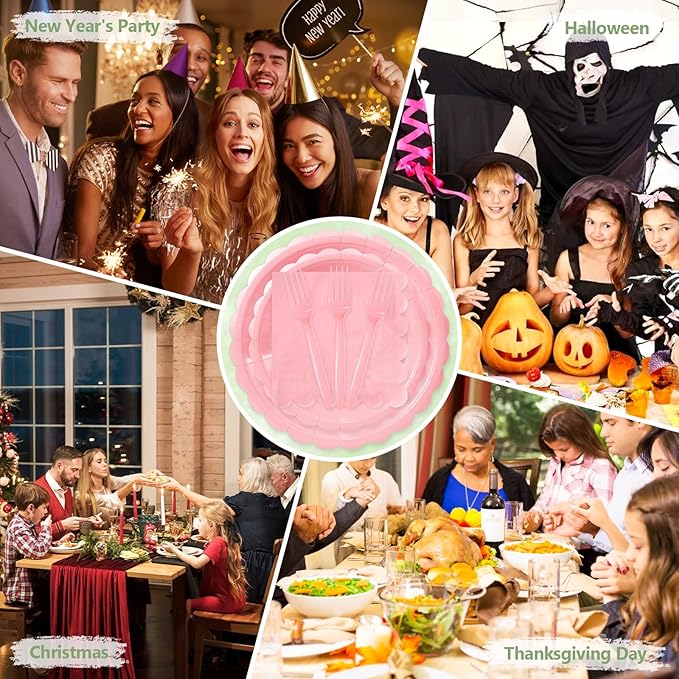 Mulbozy 100 Pink Paper Plates and Napkins Disposable Set Includes 25-9" & 25-7" Dessert Cake Scalloped Plates, Cocktail Napkins, Forks for for Holiday Party Supplies