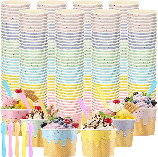 Jingmore 120 Set Paper Ice Cream Cups Bulk with Spoons 6 oz Disposable Sundae Bowls Colorful Paper Dessert Cups Containers for Snack Yogurt Soup Summer Bar Party Supplies