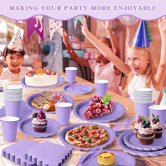 Vyntra 350 Pcs Lavender Purple Disposable Paper Plates and Napkins Set for 50, 9" Dinner Plates & 7" Dessert Plates, Tableware for Birthday, Party