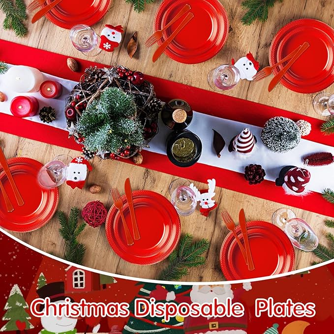 Red Plastic Plates, Graduation Plates Set,Disposable Plastic Dinnerware for Graduation Party Wedding Birthday,Serve 25 Guests