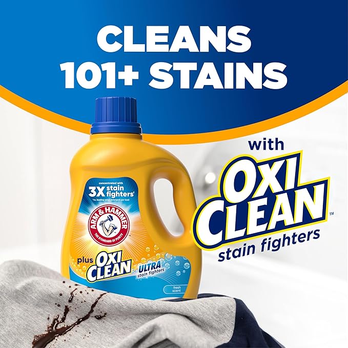 ARM & HAMMER Plus OxiClean Ultra Stain Fighters Liquid Laundry Detergent, Stain Remover for Clothes, Fresh Scent, 74 Loads, 96.2 Fl Oz