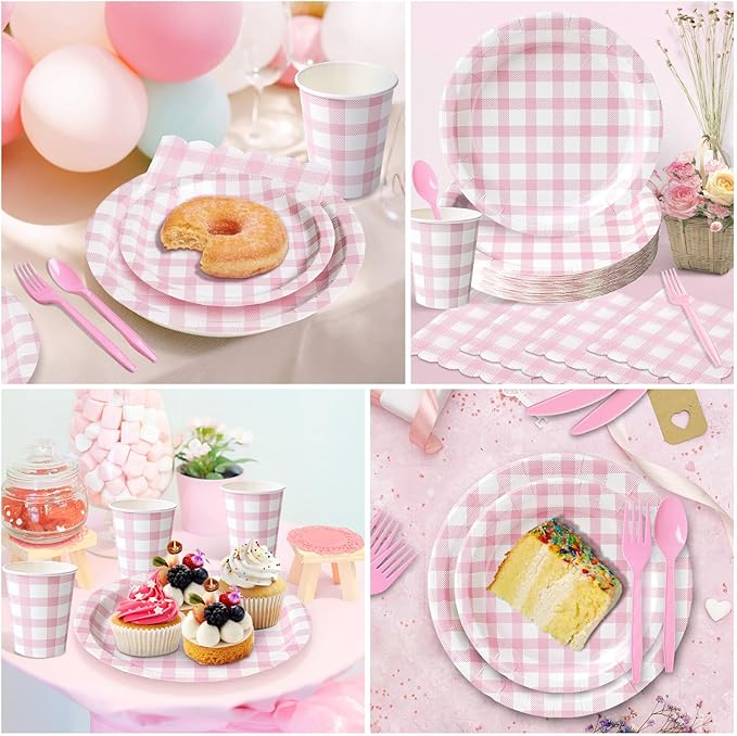 Vyntra 350 Pcs Pink Gingham Paper Plates and Napkins Set for 50, 9" Dinner Plates & 7" Dessert Plate, Baby Girl Shower Birthday Party