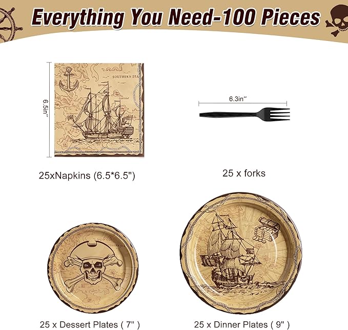 100 Pcs Pirate Party Supplies for 25 Guests, Heavy-Duty 7" & 9" Paper Plates, 2-Ply 13" Napkins & Plastic Forks, Disposable Tableware Set for Treasure Map Theme Party