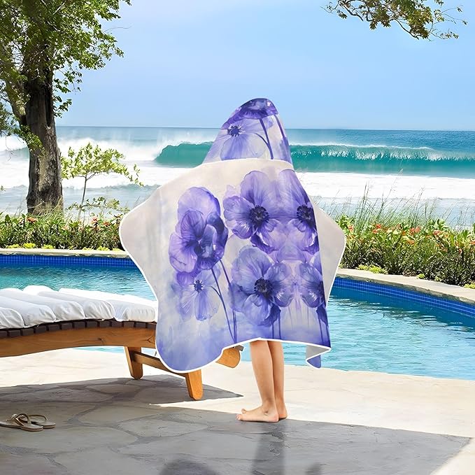 Hooded Towel for Kids Purple and Blue Flowers Water Color Beach Wrap Bath Towels 50x23.5in