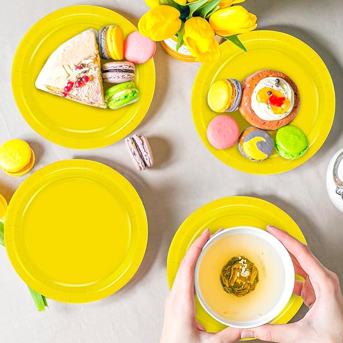 QZYL 50 Pieces Small Paper Plates, 7 Inches Yellow Dessert Dinnerware, Elegant Disposable Tableware Set, Paper Plates Heavy Duty, Party Supplies for Birthday Parties BBQs Picnics Events Gatherings