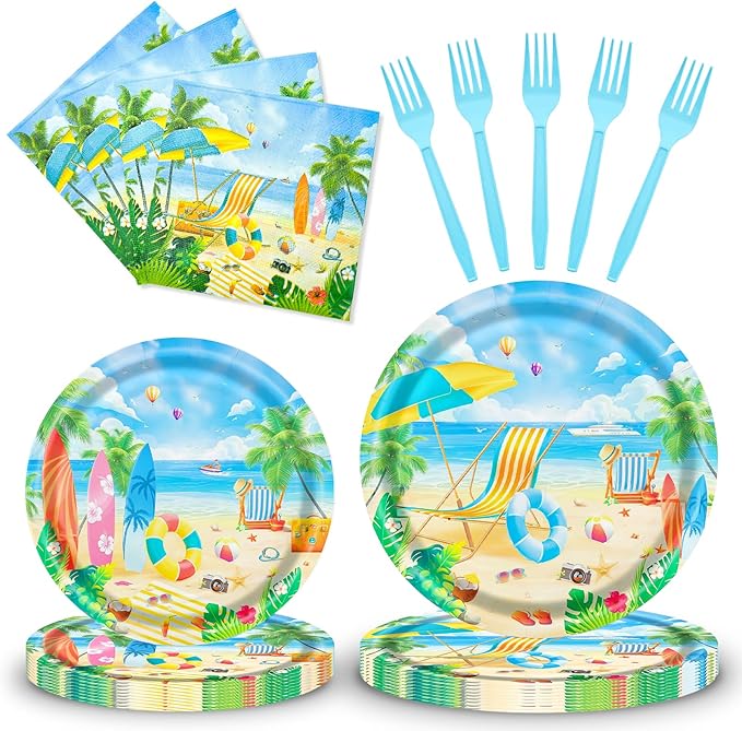 96 Pieces Summer Beach Tableware Set Party Supplies - Tropical Themed Disposable Dinnerware with Paper Plates, Napkins, and Forks for Picnics, Birthdays, Pool Celebrations - Serves 24