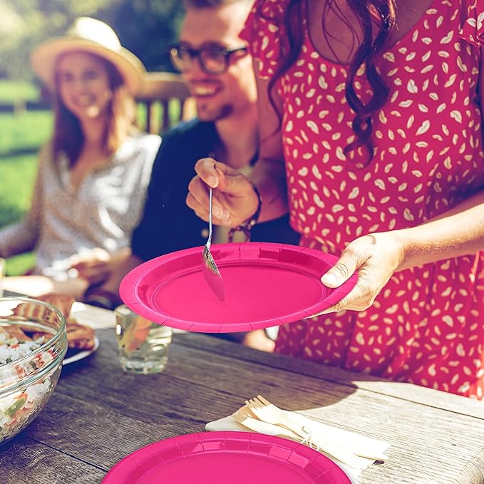 QZYL 50 PCS Paper Plates, Cerise Heavy Duty Party Plates, Round 9 Inches Disposable Paper Dinner Plates, Everyday Use Paper Plates Set for Daily Meals Wedding Christmas Picnic Supplies