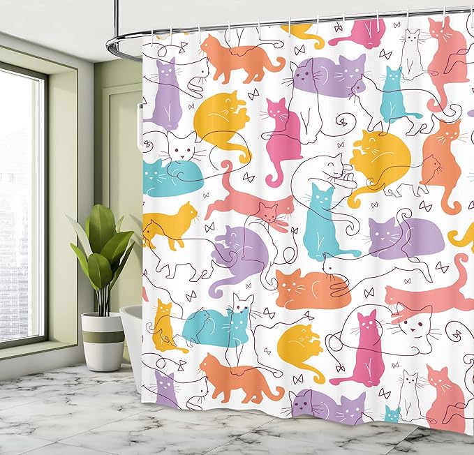 Ambesonne Cat Shower Curtain, Colorful Cats Jumping Playing Sitting Relaxing Feline Joyful Modern Line Art, Cloth Fabric Bathroom Decor Set with Hooks, 69" W x 84" L, Mustard Purple