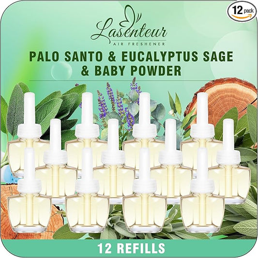 Plug In Air Freshener Refills for Home - Palo Santo & Eucalyptus Sage, Baby Powder Scent for Office & Bathrooms, 12 Count, 7.92 Fl Oz, Compatible with Air Wick & Glade, Not Include Glade Plus