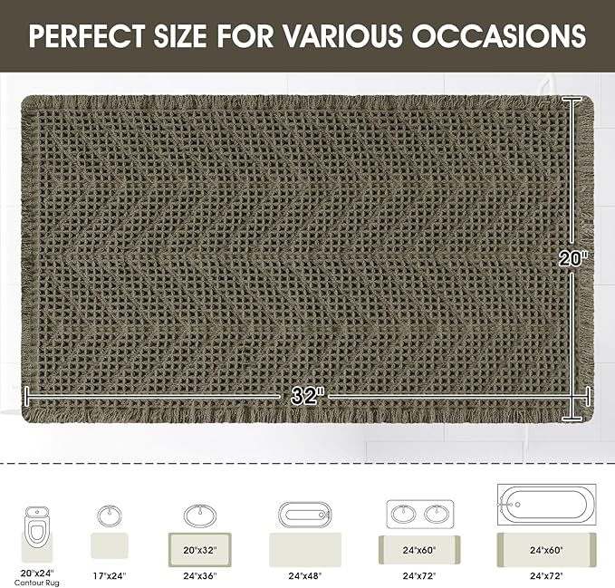 Upgraded Waffle Bath Mat, 32"x20" Greyish Green-Herringbone, Super Absorbent Non-Slip Quick Dry Bathroom Rugs with Tassels, Machine Washable Ultra Soft Boho Bath Rugs, Toilet Mats Boho Farmhouse Decor