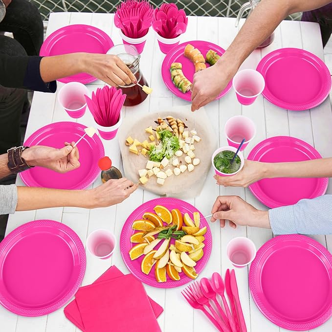Aodaer 200 Pieces Hot Pink Party Supplies Disposable Dinnerware Set Include Plastic Plates Cups Knives Forks Spoons Paper Napkins for Birthday Wedding Graduation Parties, Serve 25 Guests