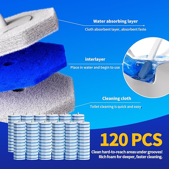 Hohoky 120pcs Bulk Pack of Disposable Toilet Brush Heads，Toilet Wand Refills for Toilet Bowl Brush Cleaner Pads,Toilet Brush Replacement Compatible Heads with Most Toilet Brushes