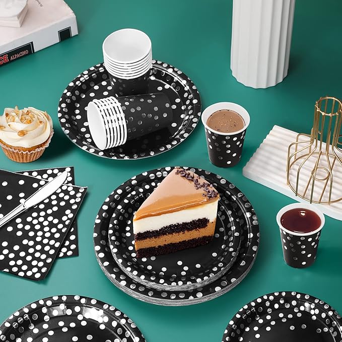 168Pcs Black and Silver Party Decorations, Black Plates and Cups and Napkins Sets Severs 24, Birthday Decorations for Prom Graduation Birthday Happy New Year Party