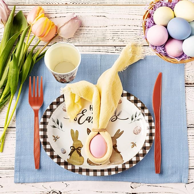 Havawish 350 Pcs Easter Bunny Party Supplies Happy Easter Disposable Tableware Set Rustic Buffalo Plaids Eggs Bunny Oval Paper Plates Cups Napkins Fork Knife Spoon for Spring Party Dinner Table Decor