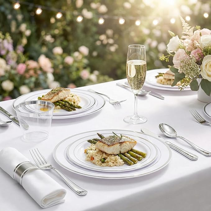 WELLIFE 350Pcs Silver Plastic Plates for 50 Guests - Disposable Dinnerware Set, Party Supplies Includes 100 Silver plates,150 Silverware,50 Napkins,50 Cups, Plastic Plates for Party and Wedding