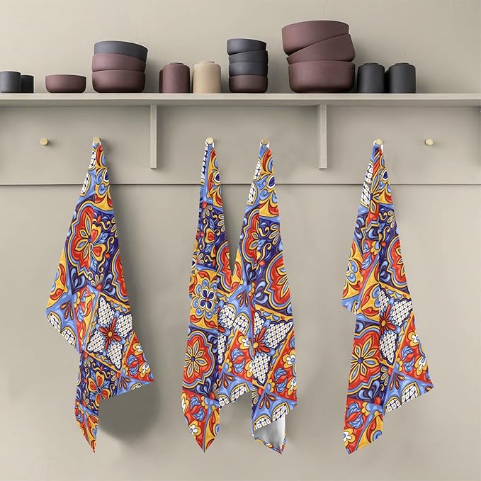 STAYTOP Mexican Talavera Ceramic Tile Pattern Kitchen Towels Set of 4, Super Soft and Strong Absorption Multifunctional Table and Tea Towels, 28x18in