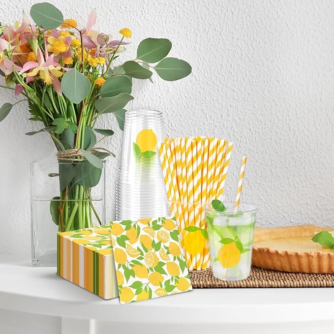 FYSUIMU 150 Pcs Summer Tableware Set for 50 Guests Yellow Lemon Paper Napkins Disposable Plastic Cups with Lids and Straws for Holiday Birthday Baby Shower Party Supplies