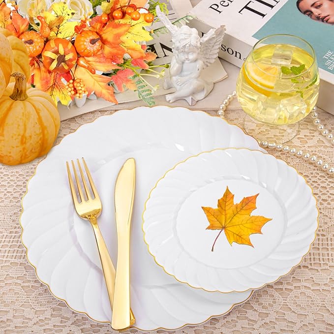 YOUBET 125PCS White Plastic Plates with Gold Rim, Gold Plates Disposable with Golden Silverware Include 25 Dinner Plate 25 Dessert Plate 25 Forks 25 Knives 25 Spoons For Wedding, Parties