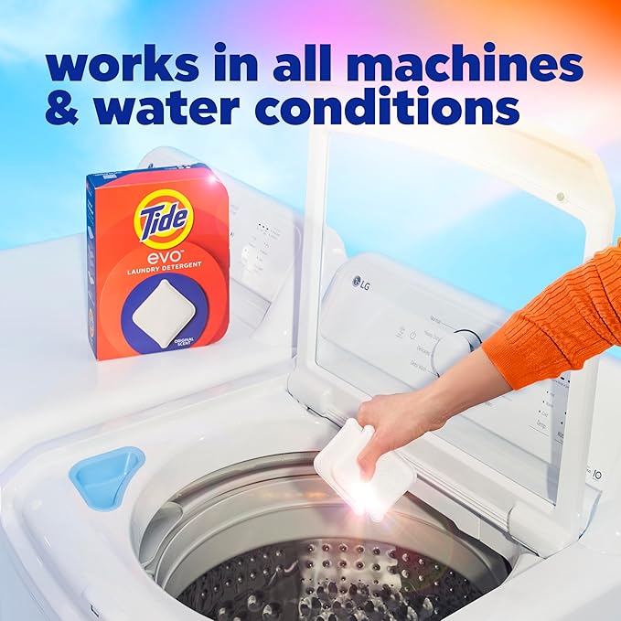 Tide evo Spring Blast Scent Laundry Detergent Fiber Tiles Works on 100% of Common Stains Safe for All Machines and Water Conditions Concentrated HE Compatible Clean and Instant Dissolve, 16 Count