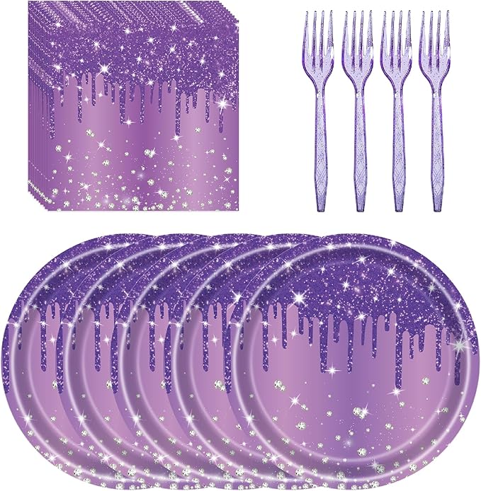 72 Pcs Purple Glitter Paper Plates 7in Disposable Paper Dessert Plates Napkins and Forks Party Tableware Set Happy Birthday Table Decorations for 24 Guests Purple Birthday Wedding Theme Party