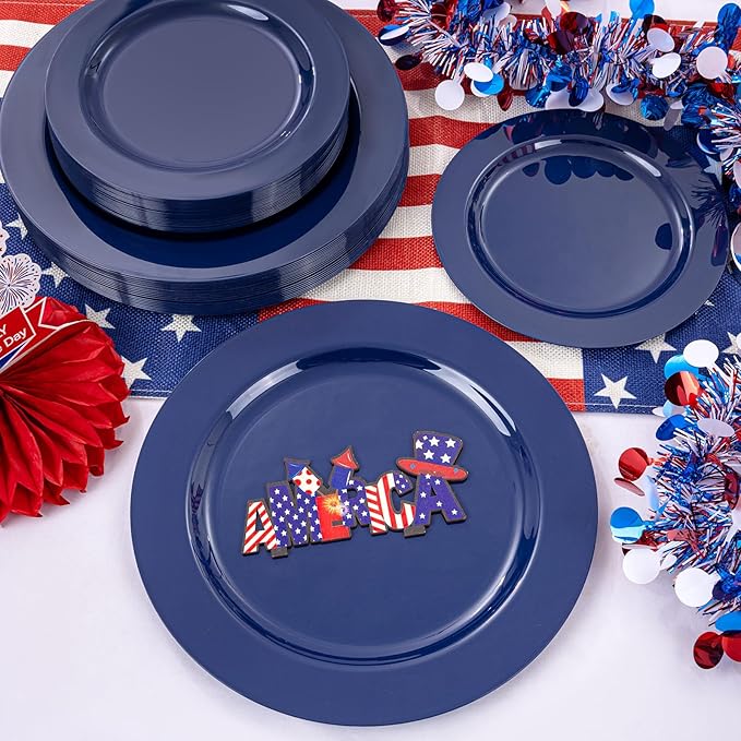 FLOWERCAT 60PCS Blue Plastic Plates - Heavy Duty Blue Plates Disposable (10.25" & 7.5") - serve for 30guest Birthday Party/Wedding/Presidents' Day/Memorial Day/Hanukkah