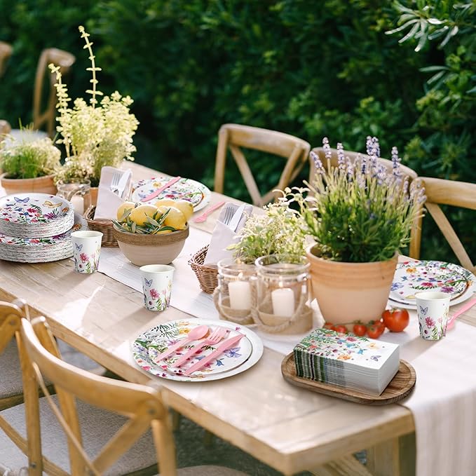 Sinmoe 400 Pcs Spring Plates and Napkins Set Paper Flower Dinnerware Disposable Party Supplies for 50 Guest Dinnerware Knife Fork Spoon for Spring Birthday Party (Popular Color,Wildflower)