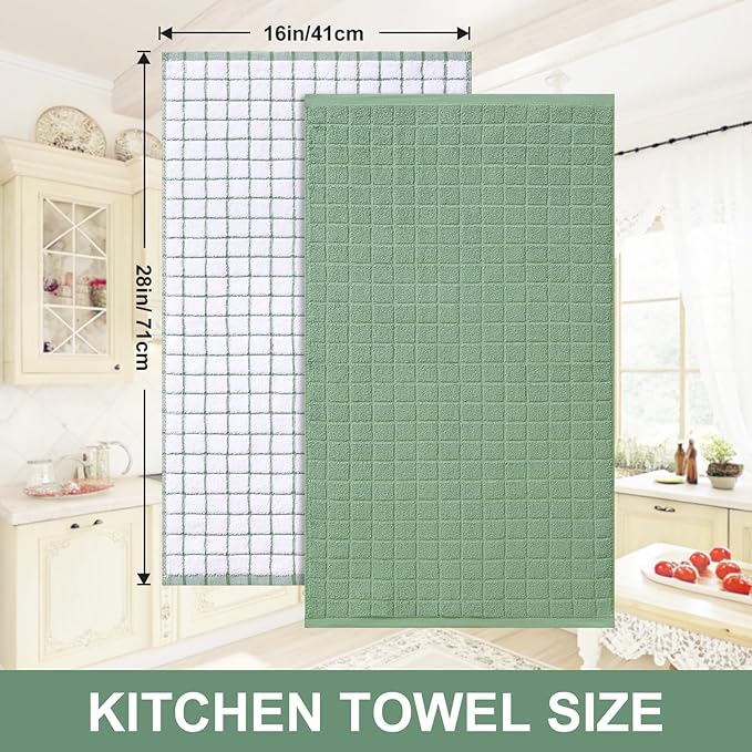 Homaxy Premium Cotton Kitchen Towels 16"x 28", Large Natural Ring Spun 390 GSM Dish Towels, Super Absorbent Terry Kitchen Hand Towels, Soft Tea Towels with Hanging Loop, Grass Green Check, 8 Pack