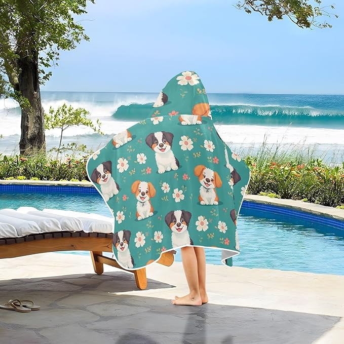Kids Hooded Beach Towel Cartoon Cute Dog Turquoise Boys Hooded Beach Towel Soft Toddler Bath Towels