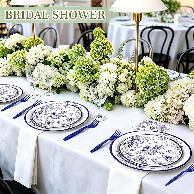 100 Pcs Blue and White Floral Party Supplies for 25 Guests, Heavy-Duty 7" & 9" Paper Plates, 2-Ply 13" Napkins & Plastic Forks, Disposable Tableware Set for Bridal Baby Shower and Tea Party