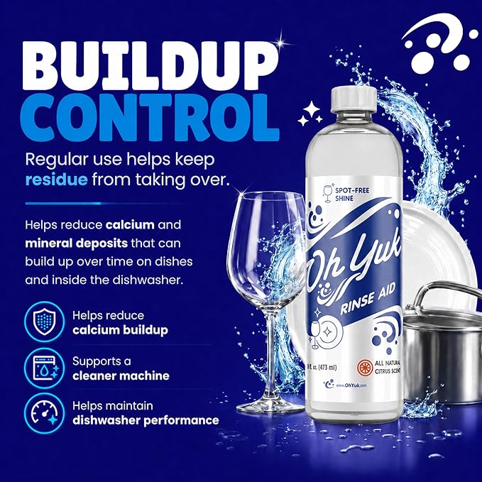 Oh Yuk Dishwasher Rinse Aid Liquid, Dishwasher Drying Agent for Spot-Free Shine, Liquid Rinse Aid for Dishes, Glasses & Silverware, Helps Reduce Water Spots & Improve Drying, Citrus Scent