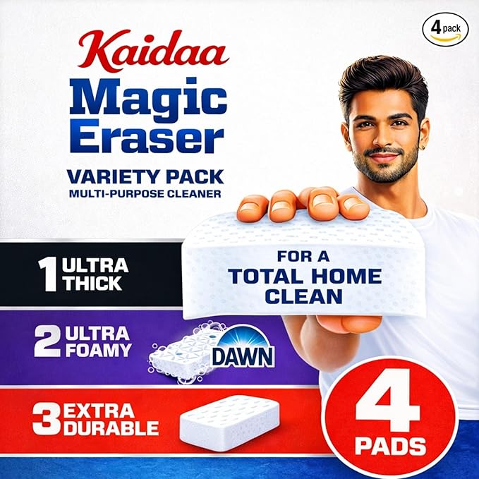 Kaidaa Magic Eraser Cleaning Sponge – Pack of 4 | Chemical-Free Melamine Foam Eraser for Walls, Kitchen, Bathroom, Shoes | Tough on Stains, Gentle on Surfaces