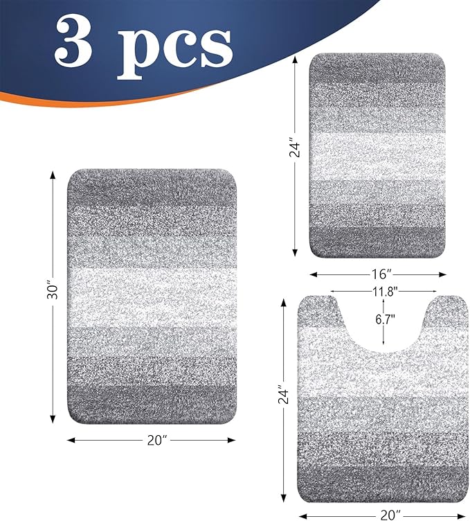 OLANLY Bathroom Rugs Sets 3 Piece, Soft Absorbent Microfiber Bath Mats and U-Shaped Contour Toilet Rug, Plush Shaggy Bath Mat Set for Bathroom (30"x20"+24"x16"+24"x20", Light Grey)