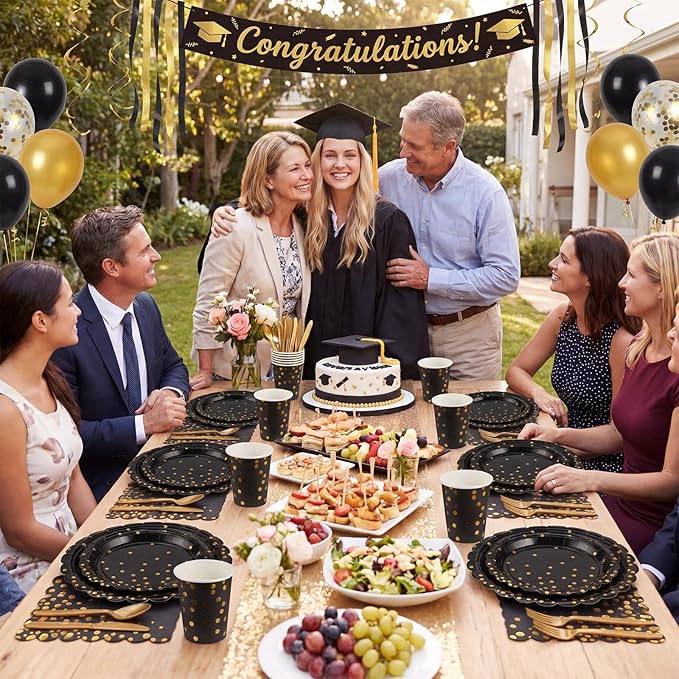 175 Pcs Black and Gold Plates and Napkins, Disposable Black Gold Dinnerware Include Scalloped Party Plates Napkin Cups Plastic Cutlery for Men Birthday Graduation Retirement Congratulations