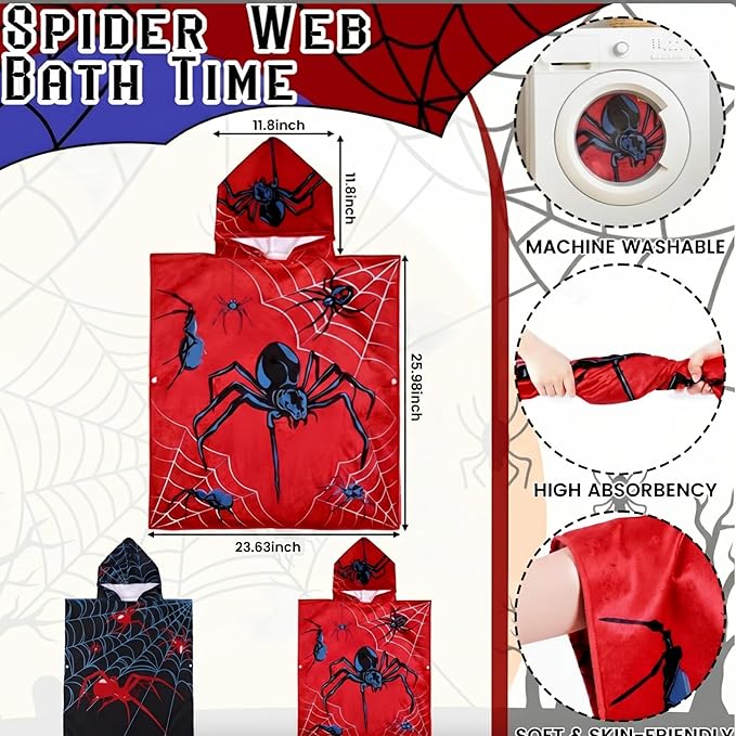 Fanfanwin 2 Pack Spider Web Bath Towel Beach Hooded Bath Towel 37.8x23.62 Inches Spider Them Poncho with Snap Buttons Hood Soft Microfiber Rapid Dry for Beach, Pool, Swim, Travel, Home Use