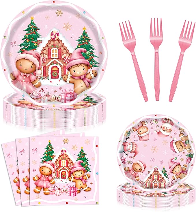96 Pieces Gingerbread House Plates and Napkins Tableware Set, Pink Christmas Disposable Dinnerware with Paper Plates Napkins and Forks for Xmas Party Supplies Winter Holiday Birthday Decor - Serves 24