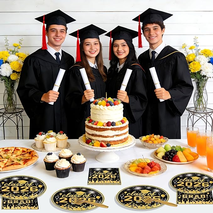 75 Pcs Graduation Plates and Napkins Party Supplies Set,Serves 25 Guests Black Gold 2026 Graduation Plates and Napkins,Disposable Paper Tableware Set for Graduation Party Decorations