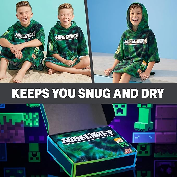 Minecraft Towelling Poncho Kids Teens Hooded Bath Towels Absorbent Beach Towel (Multi Tie Dye, 6-9 Years)