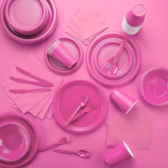 Amcrate Disposable Plastic Plates Pink, 10.4 Inches Plastic Dinner Plates, Strong and Sturdy Disposable Plates for Party, Dinner, Holiday, Picnic, or Travel Party Plates, Pack of 50