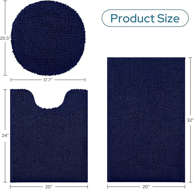 BYSURE Navy Blue Bathroom Rugs Sets 3 Piece with Toilet Lid Cover Non Slip Extra Absorbent Plush Chenille Soft Washable Bath Mats