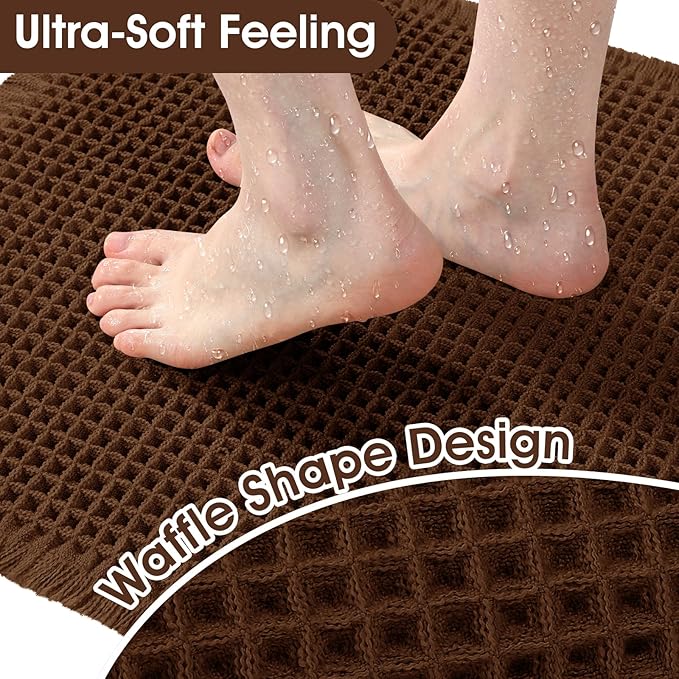 Upgraded Waffle Bath Mat Set 2 Piece Brown, Super Absorbent Non-Slip Quick Dry Bathroom Rugs with Tassels, Machine Washable Ultra Soft Boho Bath Rugs for Floor, Toilet Mats Boho Farmhouse Decor