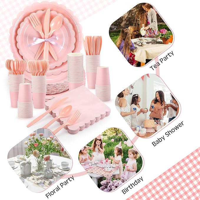 Ziliny 350 Pcs Light Pink Plates and Napkins, 50 Guest Spring Party Supplies Include Scalloped Paper Plates Napkins Cups Plastic Spoons Forks Knives Disposable Tableware Set for Baby Shower
