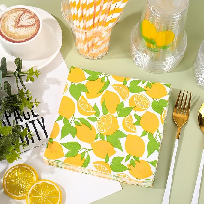 FYSUIMU 150 Pcs Summer Tableware Set for 50 Guests Yellow Lemon Paper Napkins Disposable Plastic Cups with Lids and Straws for Holiday Birthday Baby Shower Party Supplies