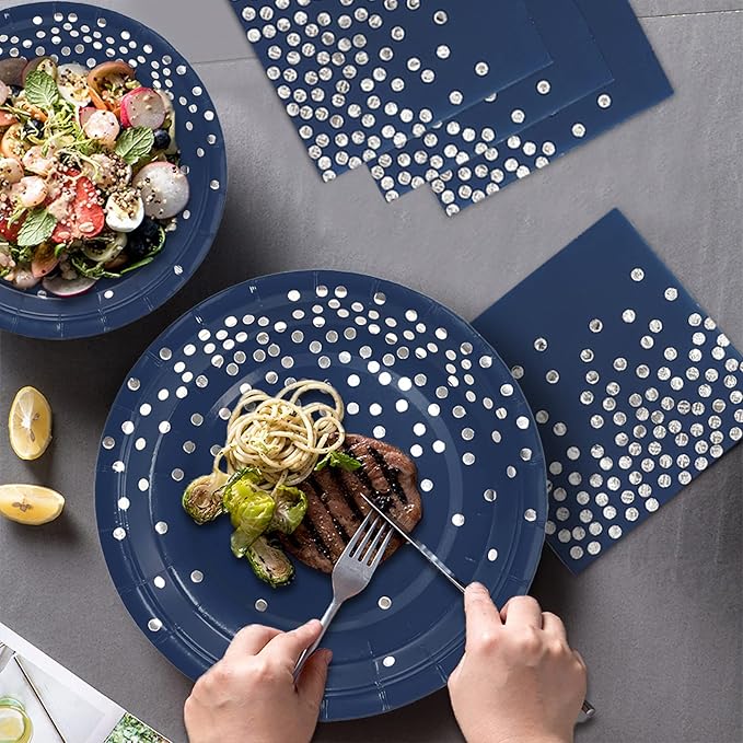 168Pcs Navy Blue Plates and Napkins Party Supplies, Navy Blue Paper Plates Serve 24, blue and Silver Party Decorations, for Fathers Day, Graduation, 4th of July, Hanukkah Party
