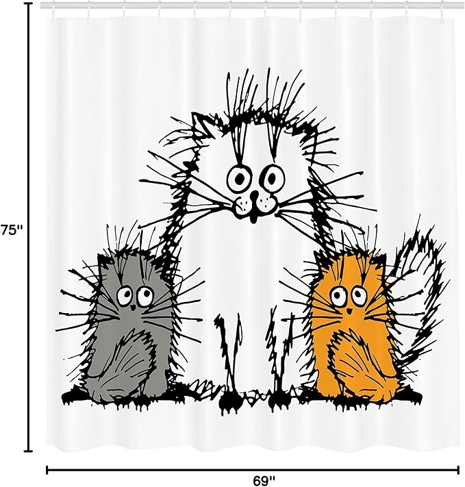 Ambesonne Sketchy Shower Curtain, Fluffy Cat Family with Mother Babies Feline Animal Humor Illustration, Cloth Fabric Bathroom Decor Set with Hooks, 69" W x 75" L, Orange White Grey